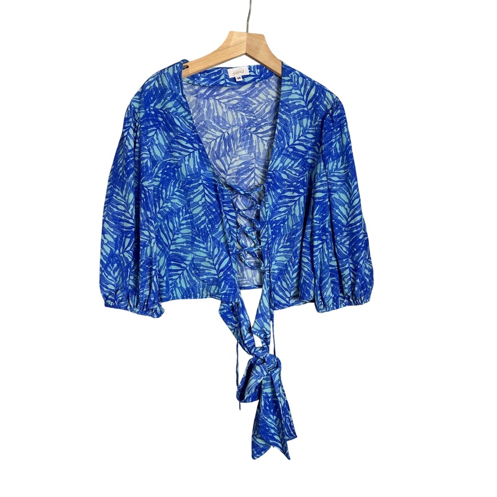 Jaline Resort 100% Silk Blue Tropical‎ Palm Lace Up Tie Front Crop Top Medium